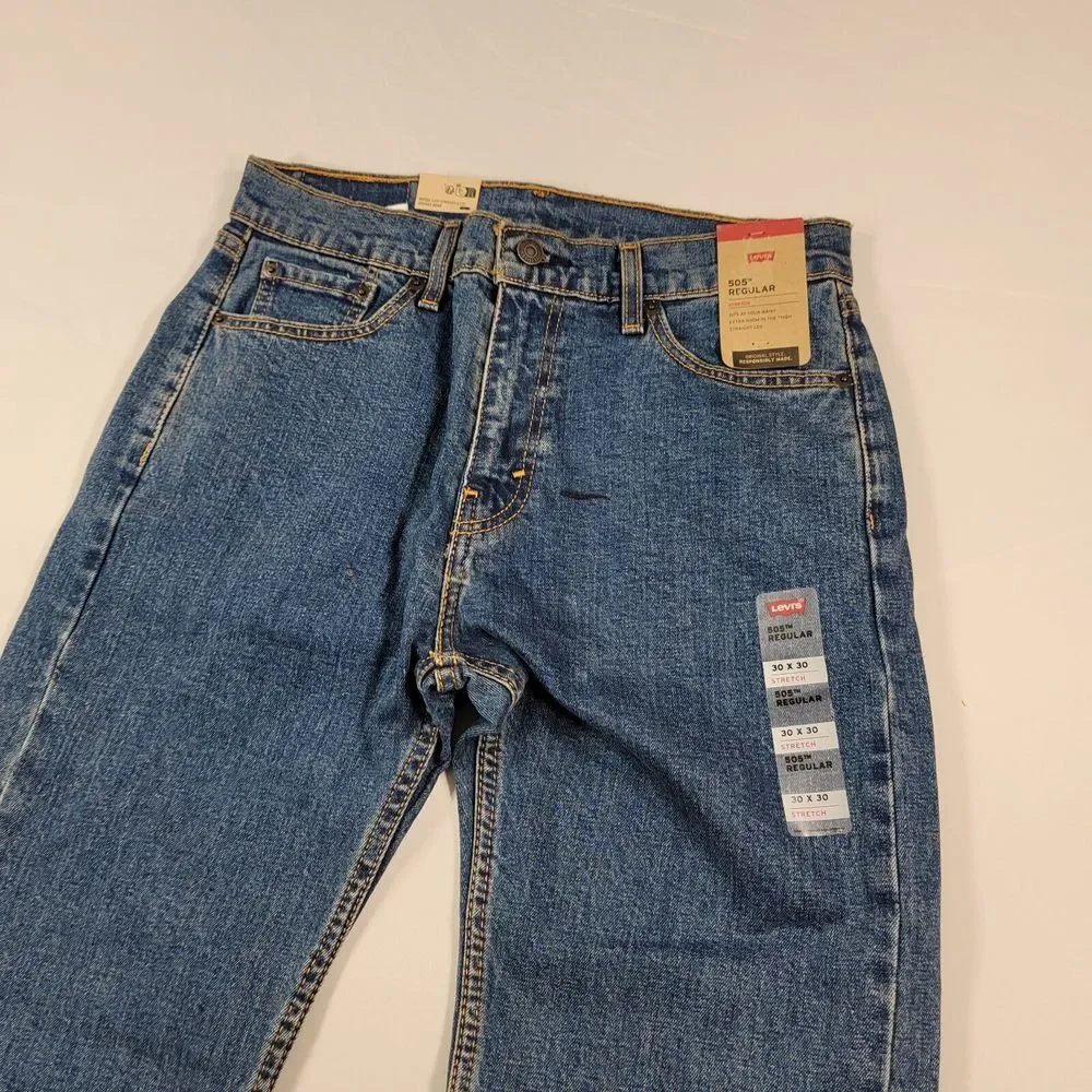 Levis 505 Jeans Men 38x30 Stonewash Blue Stretch Denim Straight Leg Regular